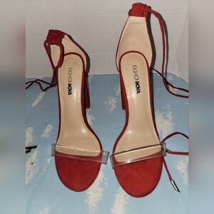 Fashion Nova Red Suede Block Heel Sandals with Clear Toe Strap Size 8 1/2